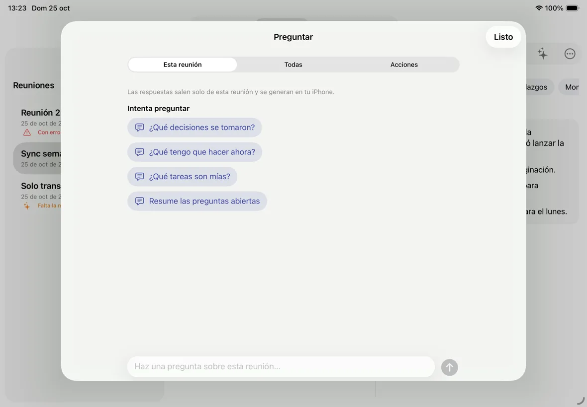 Fragen-Ansicht auf dem iPad mit vorgeschlagenen Fragen zum geöffneten Meeting