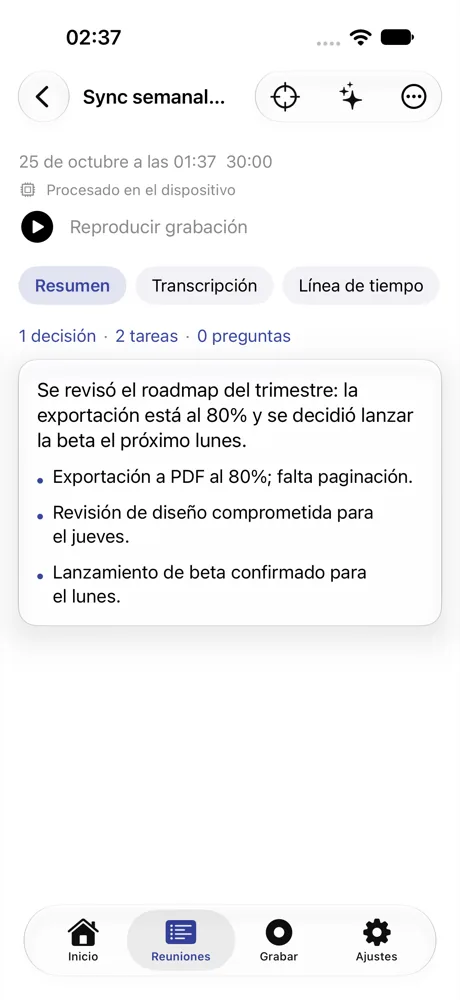 iPhone-Bildschirm mit der Zusammenfassung eines Meetings: eine Entscheidung, zwei Aufgaben und drei Kernpunkte