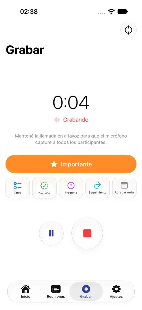 Aufnahmebildschirm auf dem iPhone mit Timer, Wichtig-Taste und Markern für Aufgabe, Entscheidung, Frage und Nachverfolgung